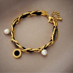 NEW Stainless Steel Black Faux Leather and Gold Chain link Bracelet